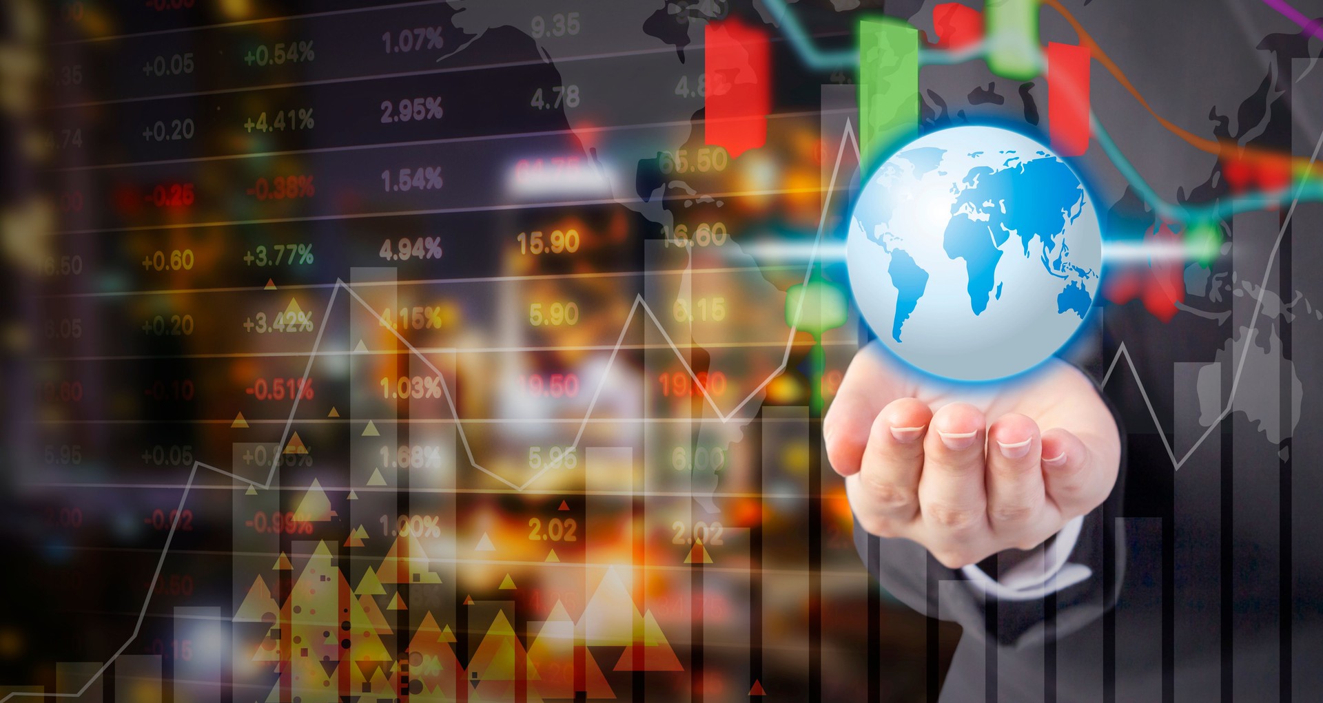 Business woman hand holding world with stock market design